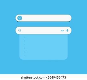 Flat Blue Search Bars met Dropdown- en Voice Search-pictogrammen voor het ontwerp van de web- en app-gebruikersinterface