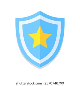 Flat blue shield icon with a yellow star in the center. Modern design, perfect for security, protection, or law enforcement themes. Minimalistic and versatile for digital and print use