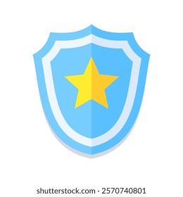 Flat blue shield icon with a yellow star in the center. Modern design, perfect for security, protection, or law enforcement themes. Minimalistic and versatile for digital and print use