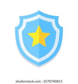 Flat blue shield icon with a yellow star in the center. Modern design, perfect for security, protection, or law enforcement themes. Minimalistic and versatile for digital and print use