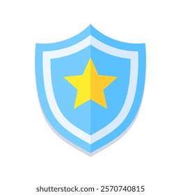 Flat blue shield icon with a yellow star in the center. Modern design, perfect for security, protection, or law enforcement themes. Minimalistic and versatile for digital and print use