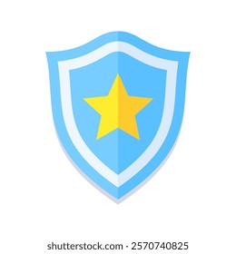 Flat blue shield icon with a yellow star in the center. Modern design, perfect for security, protection, or law enforcement themes. Minimalistic and versatile for digital and print use