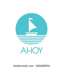 Flat blue silhouette of boat with two sails on the water. Isolated on white in circle. Powder blue background. Summertime  marine greeting card. Travel logo. Vector illustration. 