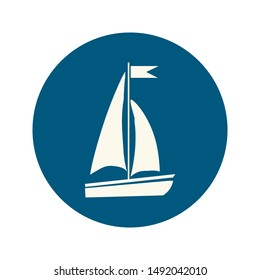 Flat blue silhouette of boat with two sails on the water. Isolated on white in circle. Powder blue background. Summertime marine greeting card. Travel logo. Vector illustration.