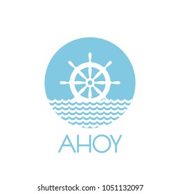 Flat blue silhouette of helm on the water. Powder blue circle isolated on white background. Summertime  marine greeting card with steering wheel . Travel rudder logo. Vector illustration. 