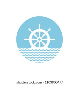 Flat blue silhouette of helm on the water. Powder blue circle isolated on white background. Summertime  marine greeting card with steering wheel . Travel rudder logo. Vector illustration. 