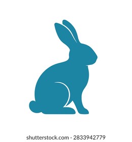 A flat blue silhouette of a rabbit sitting in profile isolated on a white background suitable for logo design or graphic icons.