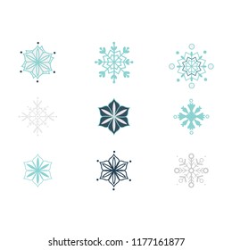 Flat blue snowflake set icon. Winter snow symbol for christmas, new year holidays celebration decoration design. Seasonal ice ornament element, traditional xmas sign. Vector illustration