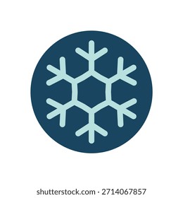 Icono azul plano de la etiqueta engomada del copo de nieve con el ornamento redondo y la línea blanca. El hielo y el elemento frío de la Navidad se adaptan a la caja del invierno, a la etiqueta fresca de las vacaciones o a la tapa estacional, combinando la forma clara con el estilo simple.