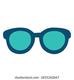 Flat blue sunglasses icon, representing travel fashion and sun protection on vacation.
