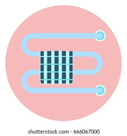 Flat blue towel rail with towel icon, home bathroom towel dryer symbol