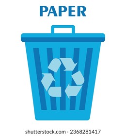 Flat blue trash can for paper. Waste bin with lid. Eco concept. Vector illustration isolated on white. Recycling and sorting.