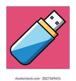 Flat of a blue usb flash drive with a yellow connector, isolated on a pink square background