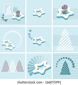 flat blue vector Christmas backgrounds with snowflakes and Christmas trees can be used as postcards