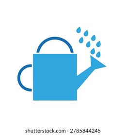 A flat blue vector icon of a garden watering can with small water drops coming out of the spout, representing gardening and plant care.