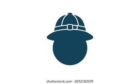 A flat blue vector icon of a head silhouette wearing a safari or pith hat on a white background
