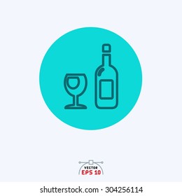 Flat blue vector icon of juice bottle and glass.