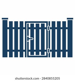 A flat blue vector icon of a wooden picket fence with a central gate.