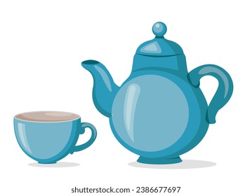 Flat blue vector kettle and cup , teapot. Kitchenware, kitchen utensils. Coffee pot. Time to drink tea. Coffee cap