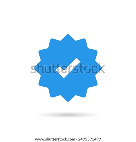 Flat blue verified social media account icon. Approved profile sign symbol. Tick in rounded corners star icon. Check mark amblem safety person in web.