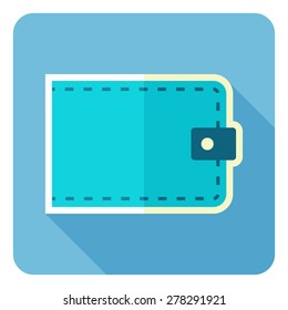 Flat blue wallet. Vector illustration, icon with long shadow. Modern design.