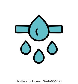 Flat Blue Water Drop Icon with Black Outline and Three Droplets Falling from Horizontal Pipe on White Background