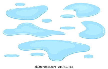 Flat blue water spill. Set of water puddle on cartoon style. Spilled liquid. Vector set.
