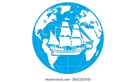 A flat blue and white graphic icon featuring an antique sailing vessel superimposed on a global map background representing exploration and travel