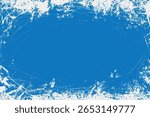Flat blue and white grunge background. Distress weathered rough overlay texture with scratch lines. Grunge frame design with white paint spots. Winter texture 