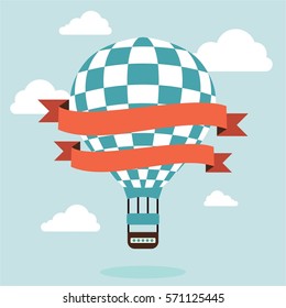 flat blue and white hot air balloon with orange fly banner in blue background and white cloud