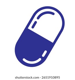 Ícone de pílula azul e branco plano no vetor EPS 10. Representa a cápsula farmacêutica ou o medicamento usado em assistência médica, aplicativos médicos, receitas digitais, serviços de farmácia, design de embalagem de produtos de saúde.