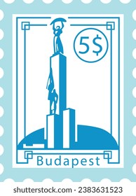 Flat bluish detailed postcard stamp with LIBERTY STATUE famous landmark and symbol of the Hungarian city of BUDAPEST, HUNGARY