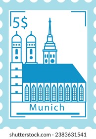 Flat bluish detailed postcard stamp with FRAUENKIRCHE CATHEDRAL famous landmark and symbol of the German city of MUNICH, GERMANY