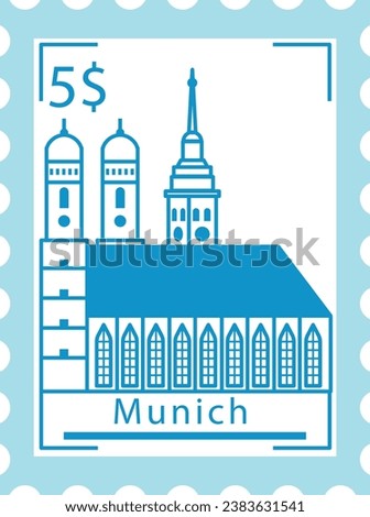 Flat bluish detailed postcard stamp with FRAUENKIRCHE CATHEDRAL famous landmark and symbol of the German city of MUNICH, GERMANY
