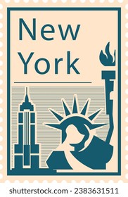 Flat bluish and pinkish detailed postcard stamp with EMPIRE STATE BUILDING and STATUE OF LIBERTY famous landmark and symbol of the American city of NEW YORK CITY, UNITED STATES OF AMERICA