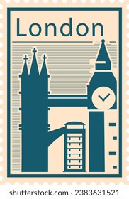 Flat bluish and pinkish detailed postcard stamp with TOWER BRIDGE and BIG BEN famous landmarks and symbols of the British city of LONDON, UNITED KINGDOM