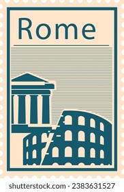 Flat bluish and pinkish detailed postcard stamp with COLOSSEUM and PANTHEON famous landmarks and symbols of the Italian city of ROME, ITALY