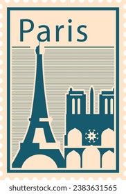 Flat bluish and pinkish detailed postcard stamp with EIFFEL TOWER and NOTRE DAME DE PARIS famous landmarks and symbols of the French city of PARIS, FRANCE