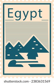 Flat bluish and pinkish detailed postcard stamp with GIZA PYRAMID COMPLEX famous landmark and symbol of the Egyptian city of GIZA, EGYPT