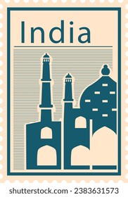 Flat bluish and pinkish detailed postcard stamp with TAJ MAHAL famous landmark and symbol of the Indian city of AGRA, INDIA