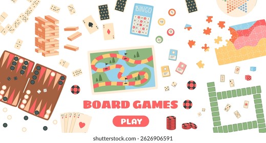 Flat boardgame banner with colorful pieces and dice. Puzzle tiles, cards, and bingo elements set for family table play. Isolated graphic for hobby, entertainment, party.