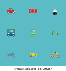Flat Boat, Automotive, Jeep And Other Vector Elements. Set Of Transport Flat Symbols Also Includes Cycle, Boat, Motorbike Objects.