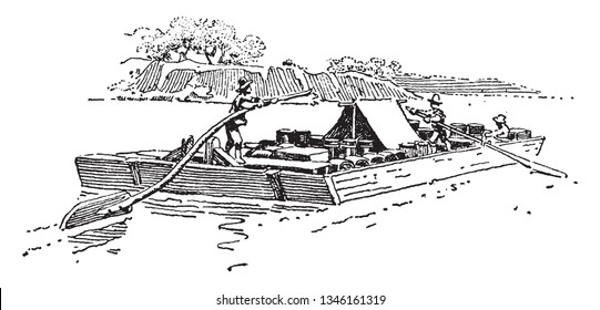 Flat Boat is a cargo boat with a flat bottom for use in shallow water, vintage line drawing or engraving illustration.