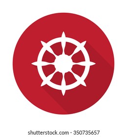 Flat Boat Wheel icon with long shadow on red circle