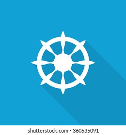 Flat Boat Wheel icon with long shadow on blue backround