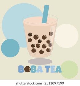 Ilustración plana del té de Boba con la paja azul