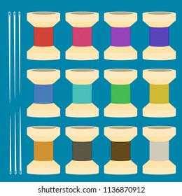 Flat bobbin set with needle thread. Vector illustration