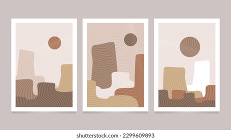 Colección de cubiertas de paisajes abstractos dibujados a mano en boho plano