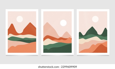 Flat boho hand drawn abstract landscape covers collection