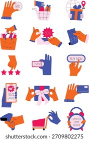 Flat bold colorful illustration set of hands in shopping and ecommerce themed activities
